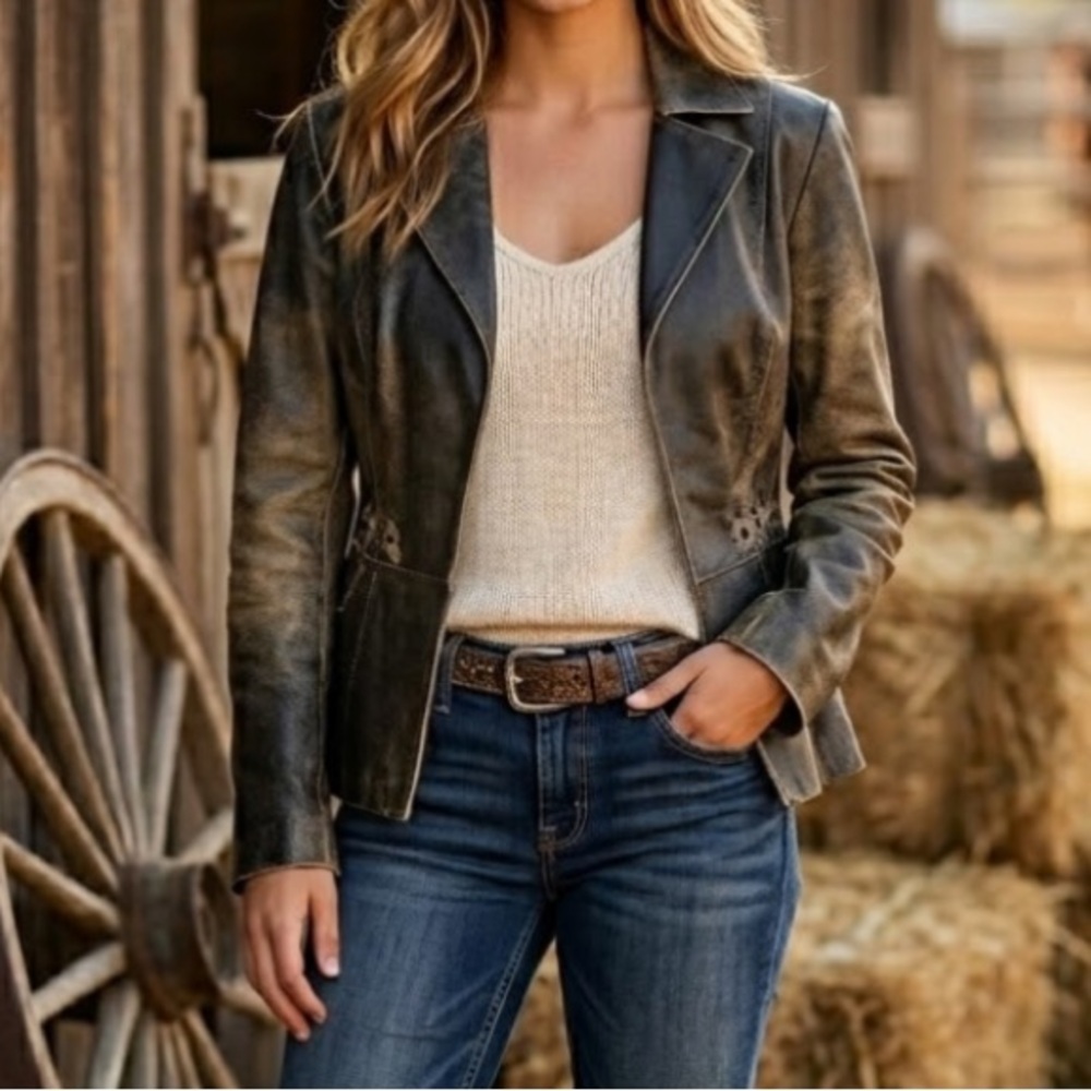 Vintage Guess Jeans Genuine Leather brown Jacket Y2K western rodeo grunge sz M